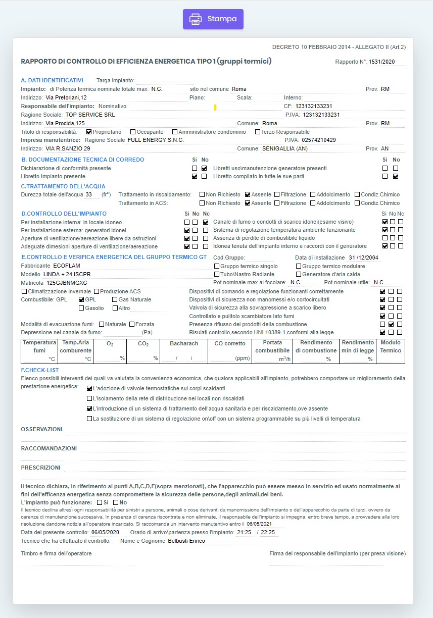 Rapporto di controllo Caldaie Manager