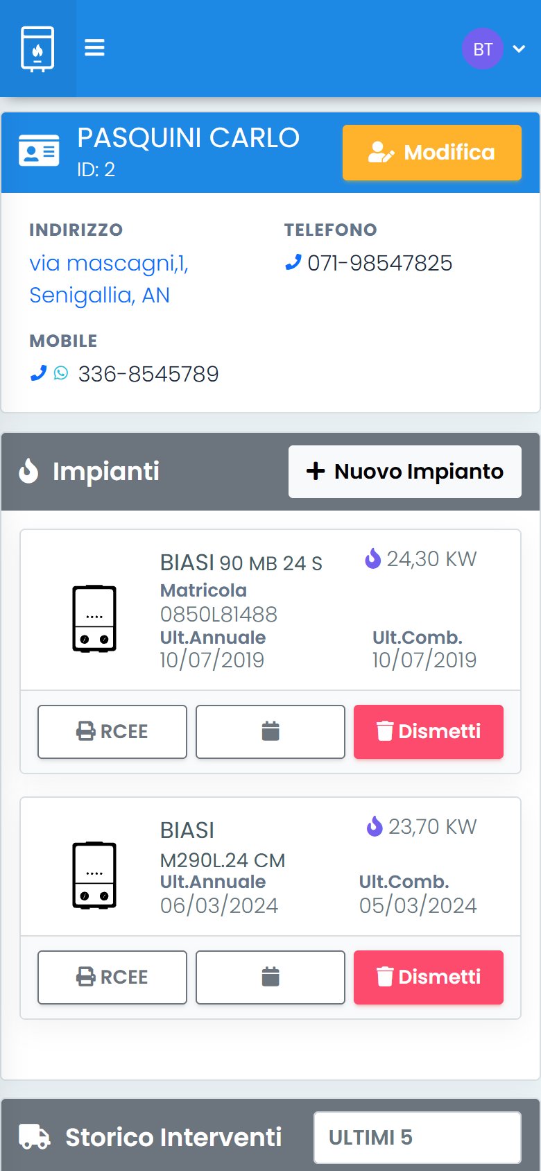 Scheda cliente con impianti su smartphone