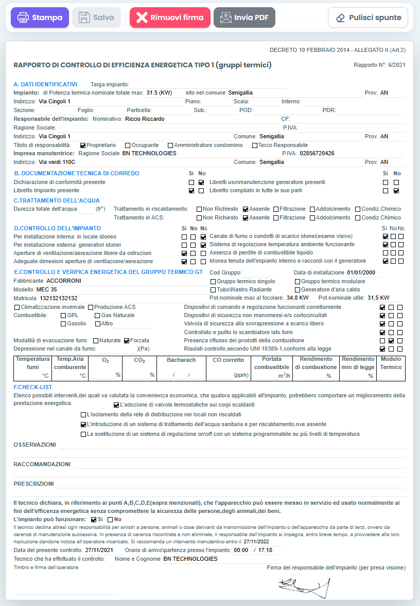 Rapporto di controllo efficienza energetica generato da Caldaie Manager